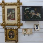 A 19thC oval portrait of a lady, reverse painting on glass of a man on horseback hunting,