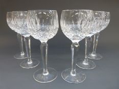 A set of six Waterford Crystal Colleen pattern wine glasses, 19cm tall.