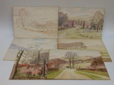 Six Muriel Matthewman watercolours including snow and countryside scenes,