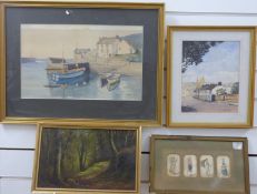 Mel Badenoch watercolour harbour scene, 26 x 42cm, Clayton Adams oil woodland scene,