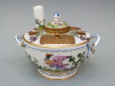 A French porcelain inkwell / standish with ormolu mounts and insect decoration, complete with seal,