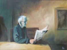 Klee acrylic on board man reading a newspaper, signed lower right,