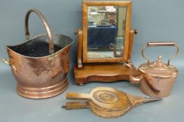 A copper coal scuttle, kettle,