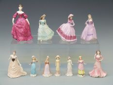 Five Wedgwood Vauxhall Gardens figurines and six Royal Worcester and Coalport figurines,
