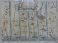 A framed 17thC hand coloured strip road map by John Ogilby (1600-1676),