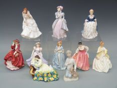 Nine Royal Doulton and Royal Worcester figurines and one other including Solitude, Sweet Anne etc,