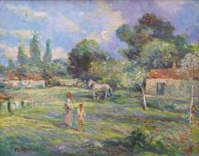 Michael D'Aguilar (1924-2011) acrylic on canvas two figures watching a horse with buildings beyond,