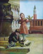 L Cummings oil children feeding birds, signed lower left 25 x 19.