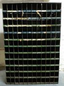 A haberdashery/shopfitting or workshop metal 144 cubbyhole rack with slot in nameplate or labelling