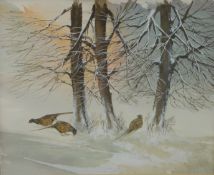 Watercolour pheasants in a snowy landscape
