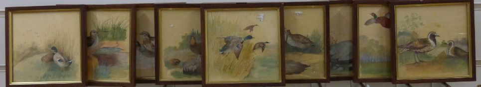 A set of ten early 20thC watercolours on silk of British game and native birds to include duck,
