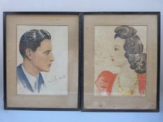 Two watercolours, one of Ivor Novello (born David Ivor Davies) and the other of Babs Davies,