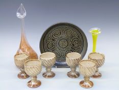 Studio pottery including goblets and dish two glass items