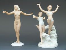 An Art Deco style nude figurine by Schaus Bach Kunst and a Thuringia/ Wallendorf figure of two