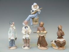 Five Lladro figures including clowns and monks,