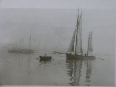 Beken of Cowes, Towing Out 1888 large black and white photographic print of a sailing yacht,