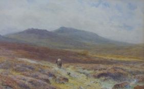 S G William Roscoe watercolour moorland landscape with horse rider and dog, signed lower left, 21.