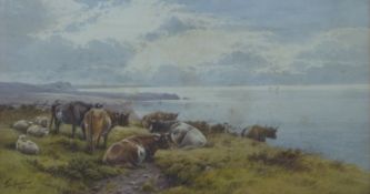 Thomas Rowden (1842-1926) watercolour cattle and sheep on a cliff top with coast beyond,