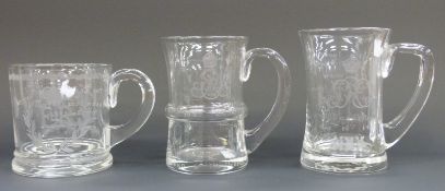 Three limited edition commemorative ornate glass tankards for 1937, 1966 and 1953,