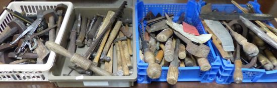 A collection of vintage tools including Rabone levels,