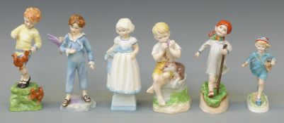 Six Royal Worcester child figures, June, October, Thursday, Monday, Hometime and Parakeet Boy,