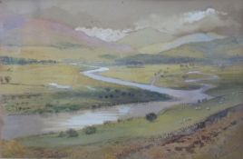 Attributed to Nicholas Chevalier (1828-1902) watercolour river in an extensive landscape,