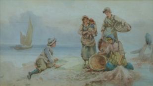 W Webb watercolour of fisherman / gleaners on a seashore with fishing boat beyond,