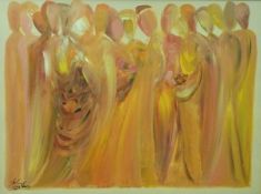 A large modern oil on canvas of orange figures,