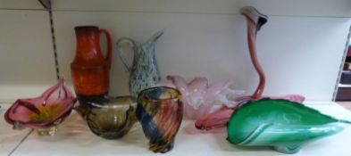 Eight pieces of Murano and similar decorative coloured glass including a control bubble bowl reeded