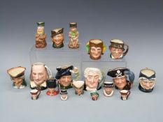 Eighteen small or miniature Royal Doulton character jugs including Jester, Shakespeare, Guardsman,