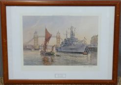 Frank Shipsides signed print of HMS Belfast, Thames barge and Tower Bridge,