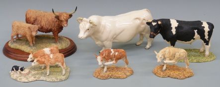 Border Fine Arts Highland cow and calf on wooden plinth, 14cm tall, and Dairy Bull,
