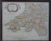A 17th century Robert Morden hand coloured map of South Wales, c1680,