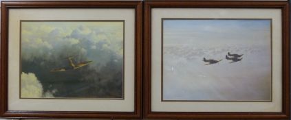 Two Coulson framed prints, one depicting three Hurricanes in flight, the other a single Spitfire,