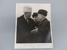 Signed photograph of Harold Macmillan meeting Kruschev with dedication in ink 'Jane Parsons from