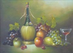 Benton still life, fruit and wine bottle,