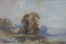 R Barclay 19thC watercolour figures and cattle by a waterway with church beyond,