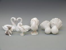 Five Lladro bird and animal figures including courting swans and doves, cat and mouse etc,