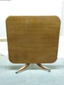 A 19thC mahogany breakfast table of square form raised on a tripod base, brass pad feet and castors,