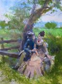 John Strickland Goodall (1908-1996) ink and watercolour of a young couple beneath a tree,