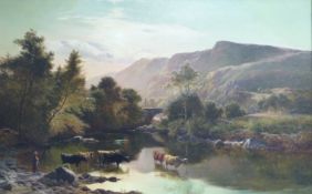 Sidney Richard Percy (1822-1886) oil on canvas a drover watering cattle in a river against a