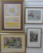 Indistinctly signed abstract watercolour 'Spring 69'; watercolour of flowers signed Schabacker;