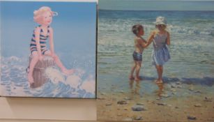 Two prints on canvas of children on the beach,