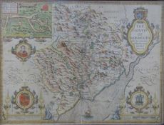 A 17th century John Speede handcoloured map The County of Monmouth with inset cartouche of Monmouth