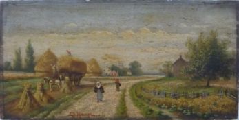 E V Hampe oil on board corn being put on a cart with figures walking past, signed lower centre,