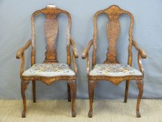 A pair of Dutch inlaid Queen Anne style carver chairs with floral marquetry, scroll arms,