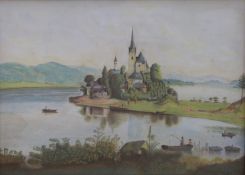 Schlegelberger pastel on board castle on a headland surrounded by a lake,