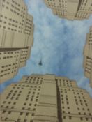 A print of Concorde flying above skyscrapers,