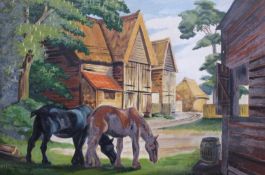 Stan Cotterell acrylic on board horses grazing in a farmyard,