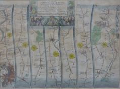 A framed 17thC hand coloured strip road map by John Ogilby (1600-1676),